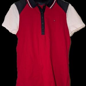 Tommy Hilfiger Red Polo with Black and White Sleeves